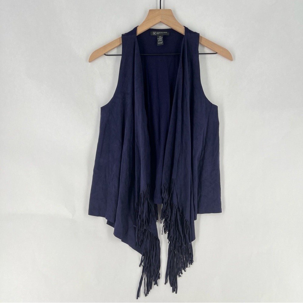 INC Navy Faux Suede Knit Combo Fringe Draped Open Front‎ Vest Festival Boho M